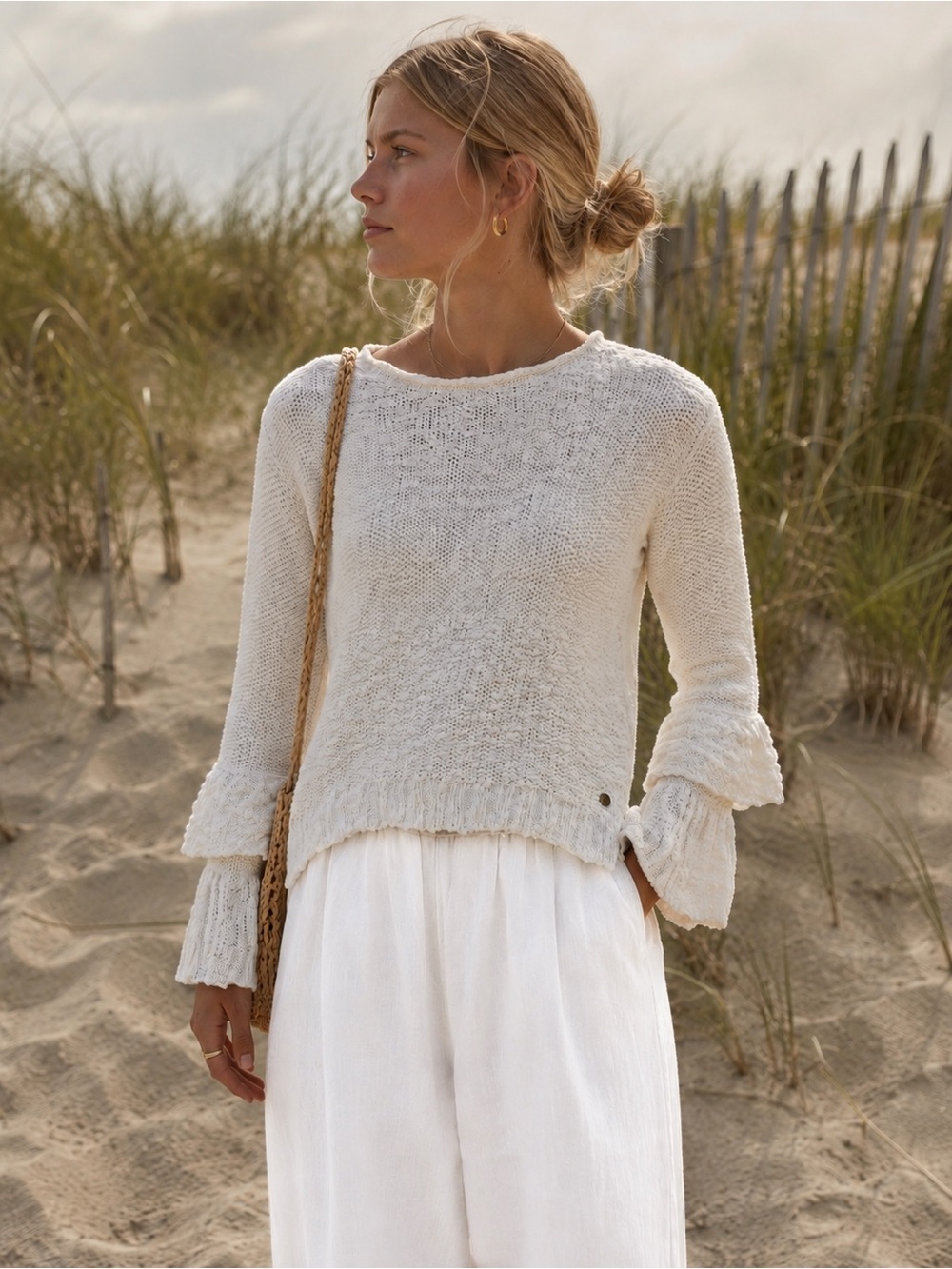 Roxy Open Back Cotton Knit Sweater – XS – Cream Boho Bell Sleeve Pullover